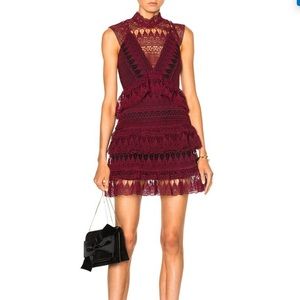 Self-Portrait Burgundy Lace Tiered Mini Dress